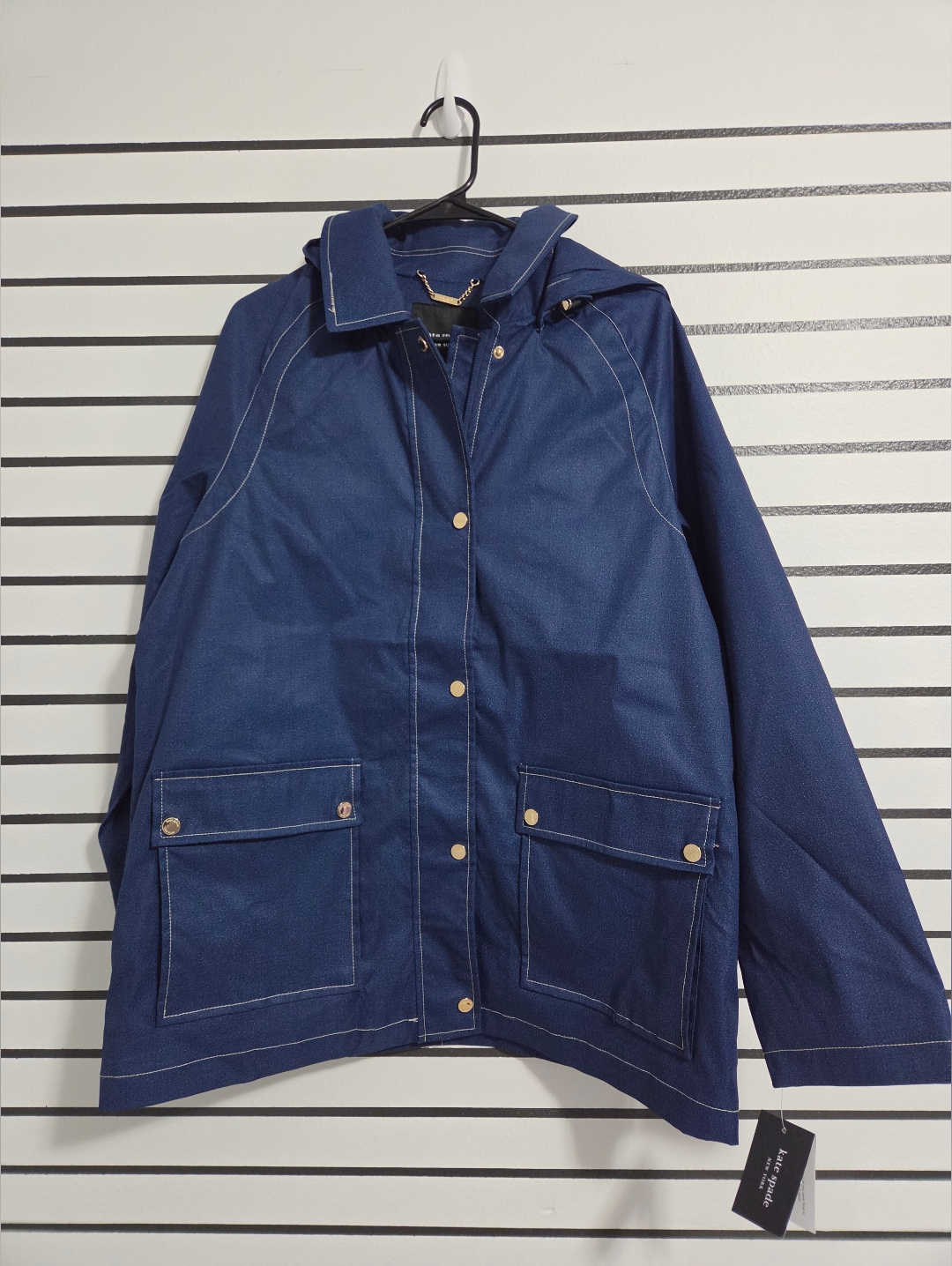 Kate Spade New York Navy Printed Denim Rain Jacket With Gold Hardware Size L
